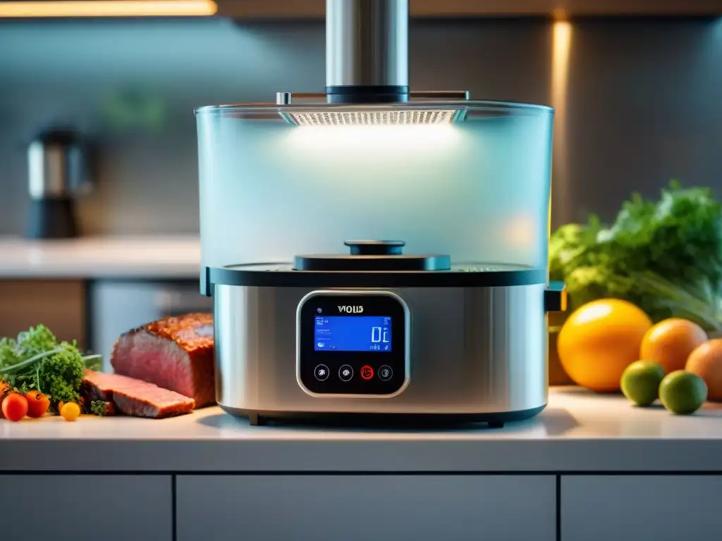 Una escena de alta cocina en casa: máquina sous vide moderna en una cocina impecable, mostrando la evolución del sousvide en casa