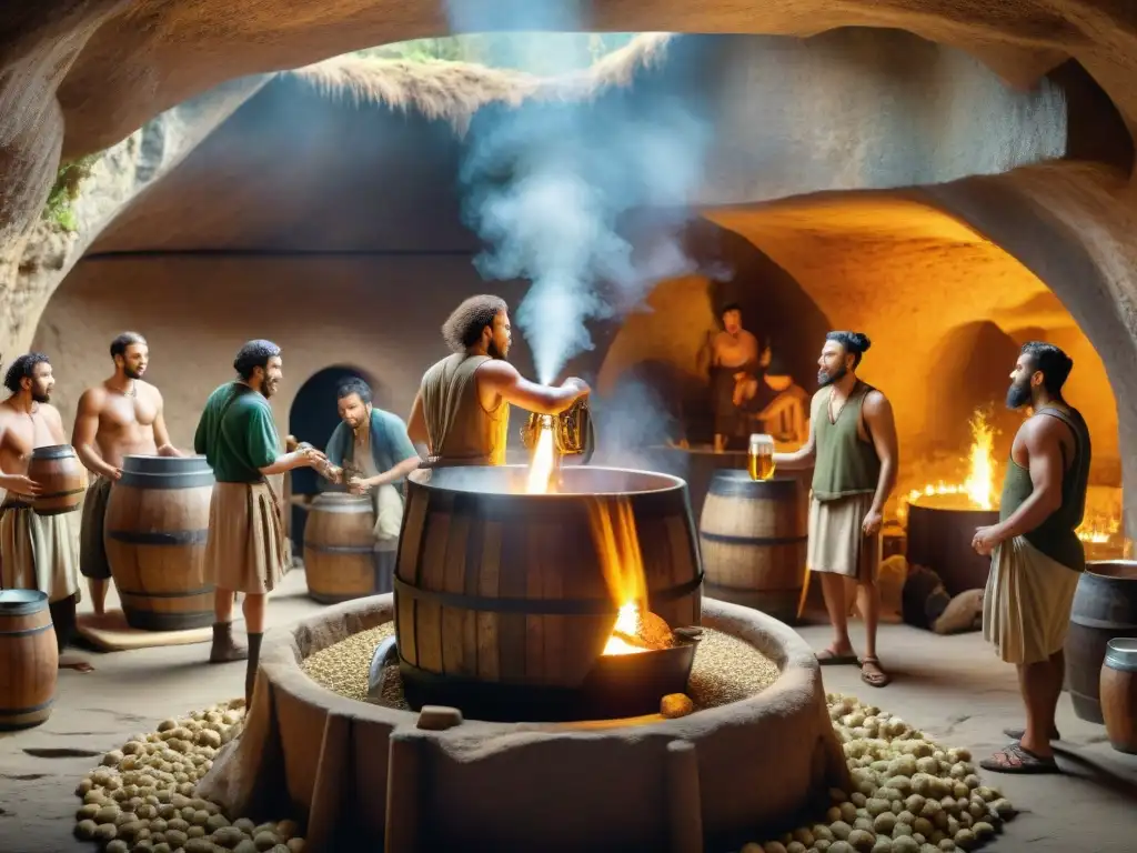 Escena ancestral de elaboración de cerveza en cueva iluminada con antorchas