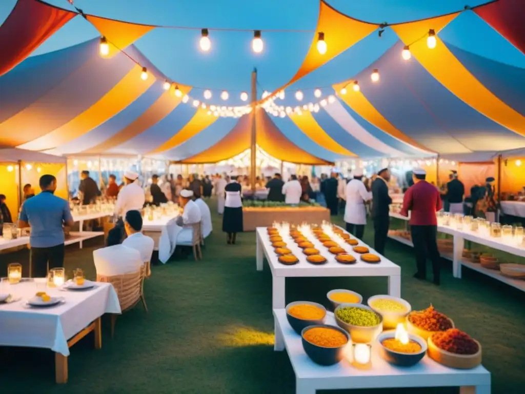 Escena animada de festival gastronómico con alta cocina gourmet democratizada bajo coloridas carpas y luces, chefs preparando platos con destreza