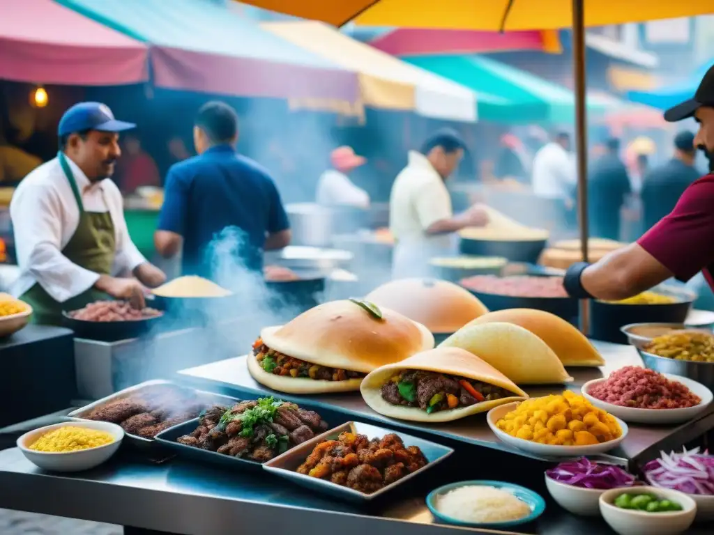 Escena animada de un mercado callejero latino, con cocina gourmet y coloridas comidas como tacos y empanadas bajo sombrillas vibrantes