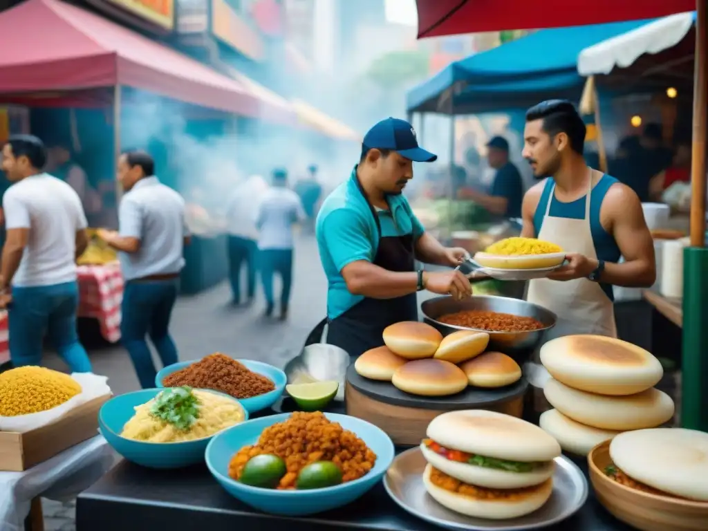 Escena animada de un mercado callejero latino con platos callejeros latinos gourmet y ambiente auténtico