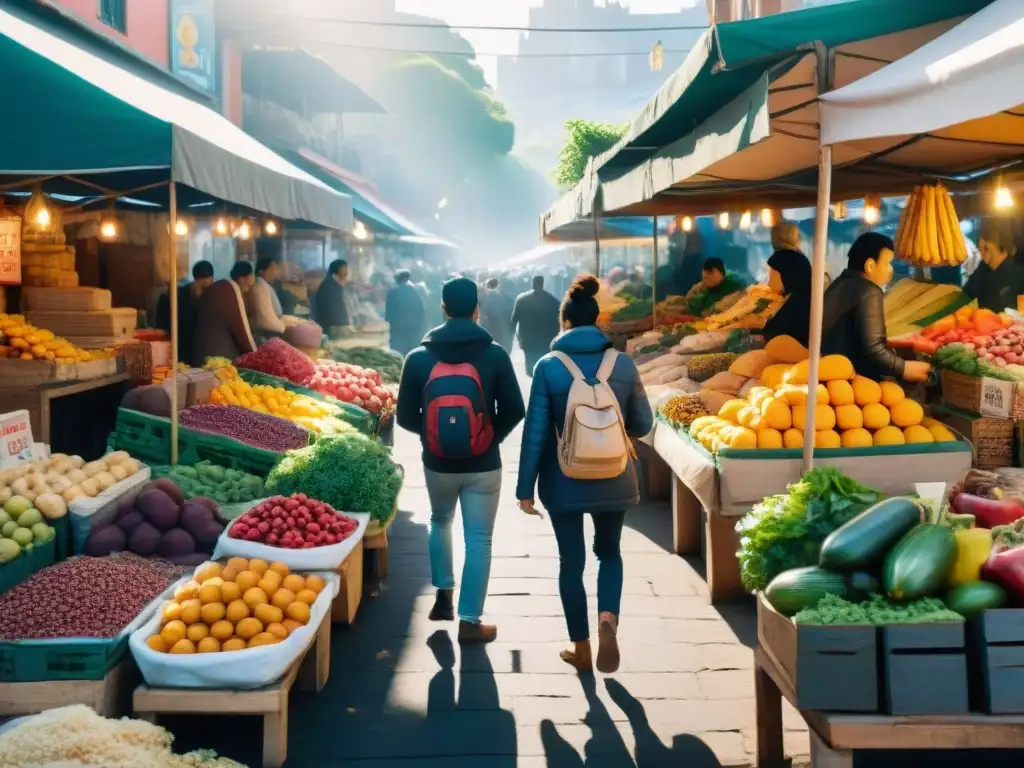 Escena animada en mercado local con puestos coloridos de frutas, verduras y especias