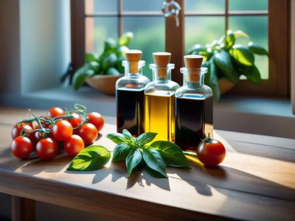 Escena gourmet: mesa rústica con vinagres balsámicos y ingredientes frescos Escena apetitosa de mesa rústica con aderezos de vinagre balsámico y ingredientes frescos para recetas originales