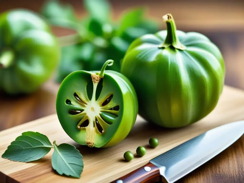 Una escena apetitosa de una tomatillo dividida en una tabla de cortar de madera, rodeada de ingredientes para una salsa mexicana gourmet