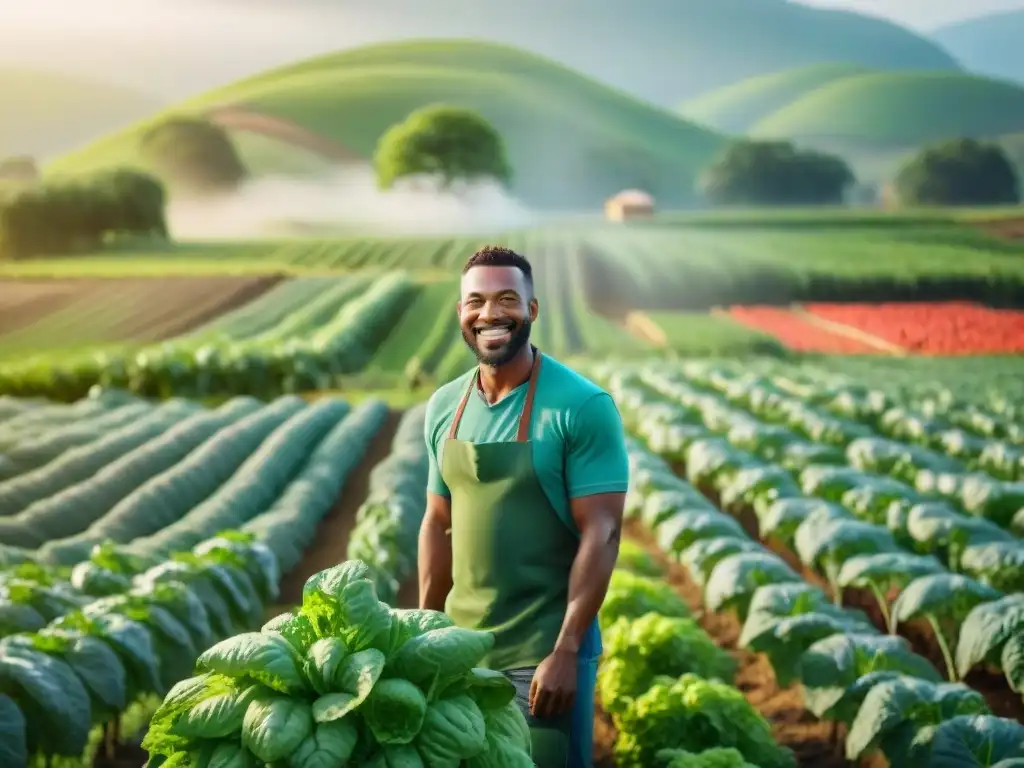 Una escena de armonía y abundancia en un campo verde, con agricultores orgánicos sonrientes y cultivos variados