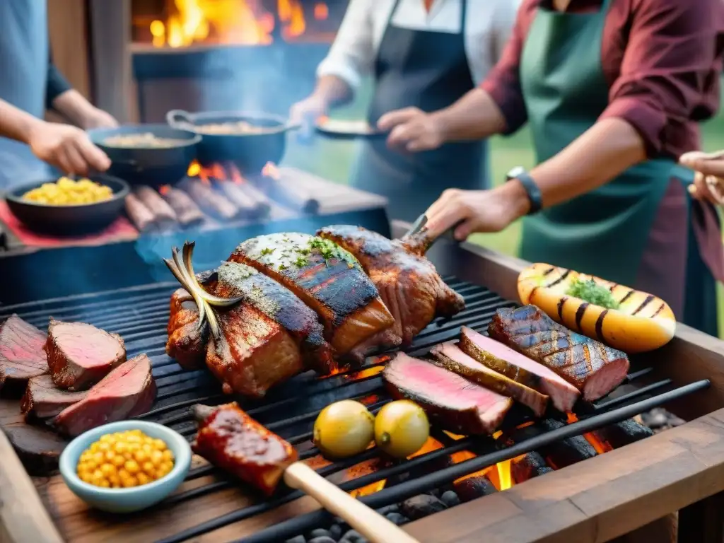 Una escena de asado argentino ultradetallada y fotorrealista, con los mejores asadores del mundo disfrutando de su festín al aire libre