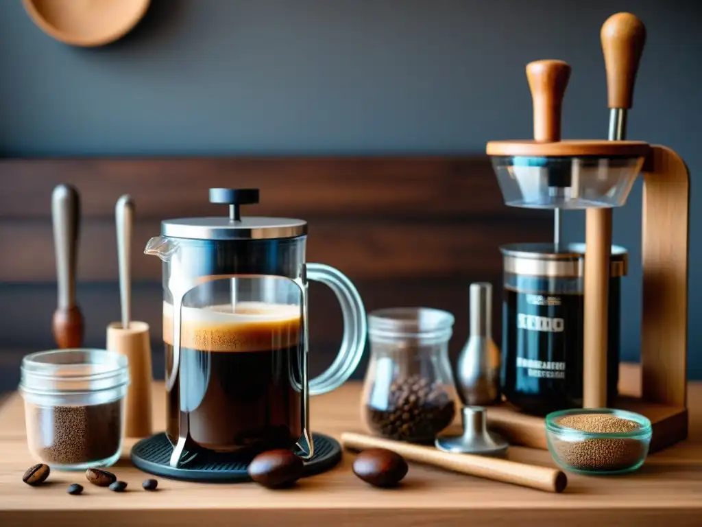 Escena cálida y acogedora de manualidades para prensa francesa casera en una mesa de madera con variados materiales craft