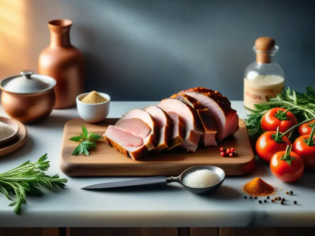 Escena cálida de cocina tradicional española con ingredientes para curar lomo embuchado en casa