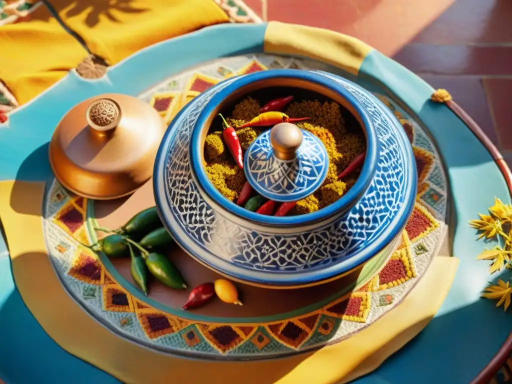 Una escena cálida y colorida con un tagine marroquí rodeado de especias exóticas en una mesa de mosaico