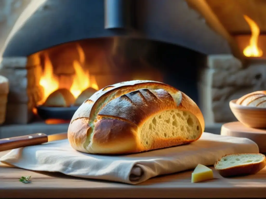 Escena cálida de horno de piedra con pan artesanal dorado emergiendo