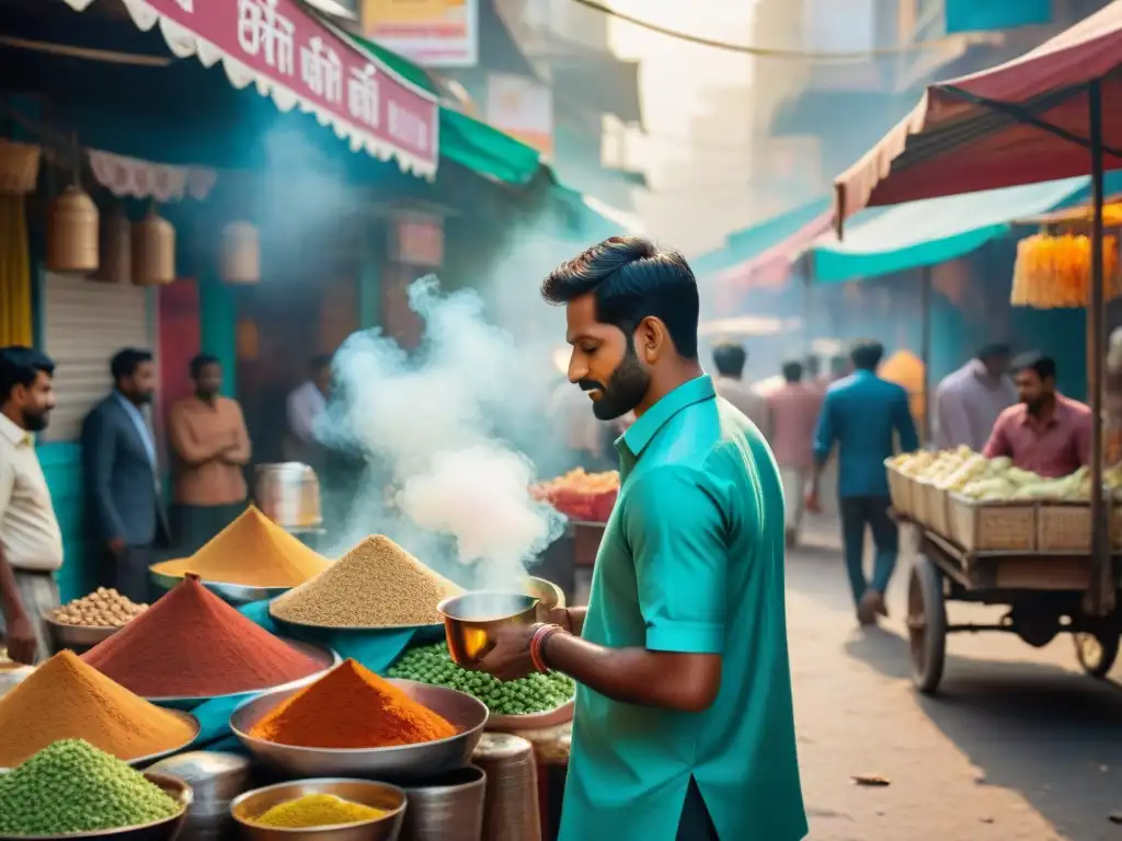 Escena en la calle de la India con vendedores de chai indio calle gourmet profundidad en coloridos carritos decorados