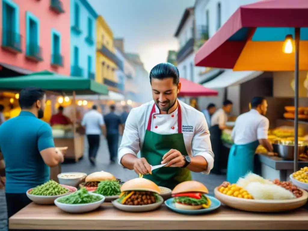 Una escena callejera vibrante y bulliciosa en una colorida ciudad latinoamericana, con una variedad diversa de vendedores de comida callejera gourmet