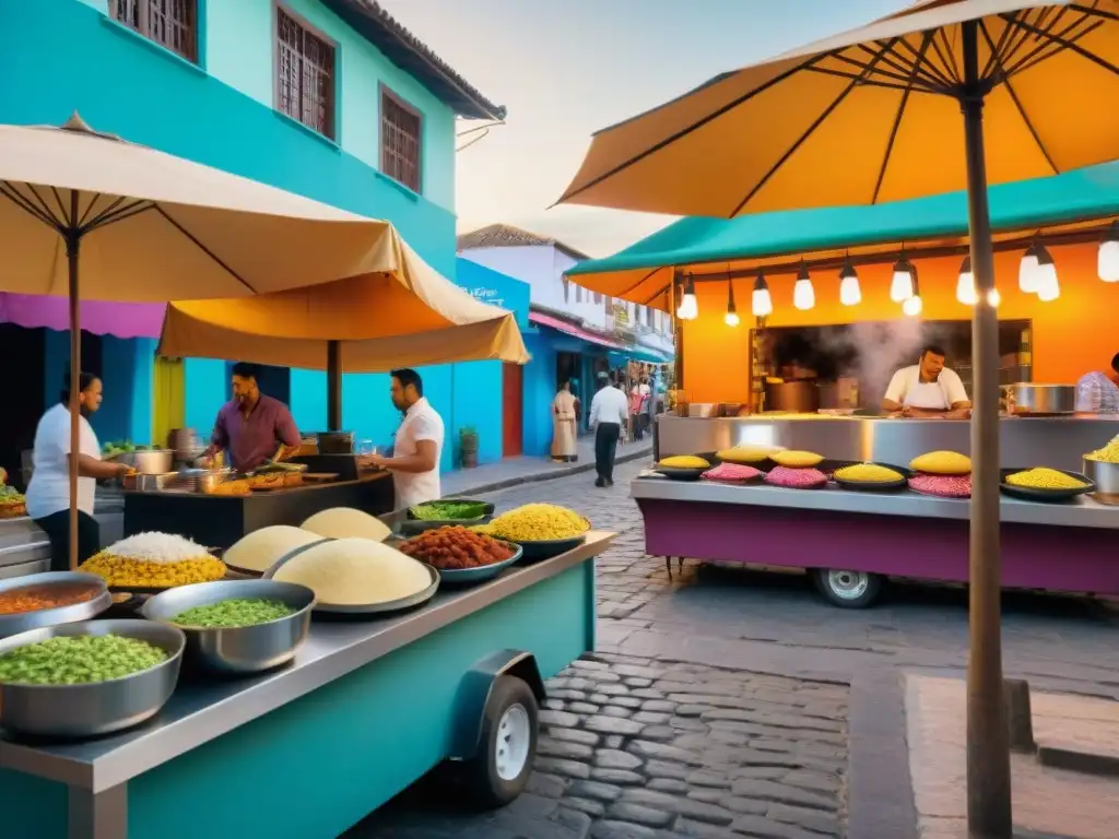 Una escena callejera vibrante y concurrida en una ciudad latinoamericana, mostrando puestos de comida coloridos con parrillas humeantes y sartenes chisporroteantes, rodeados de una multitud diversa de locales y turistas