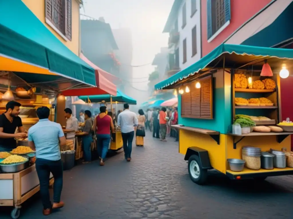 Escena callejera vibrante de América Latina: comida callejera innovadora y colorida en un bullicioso mercado