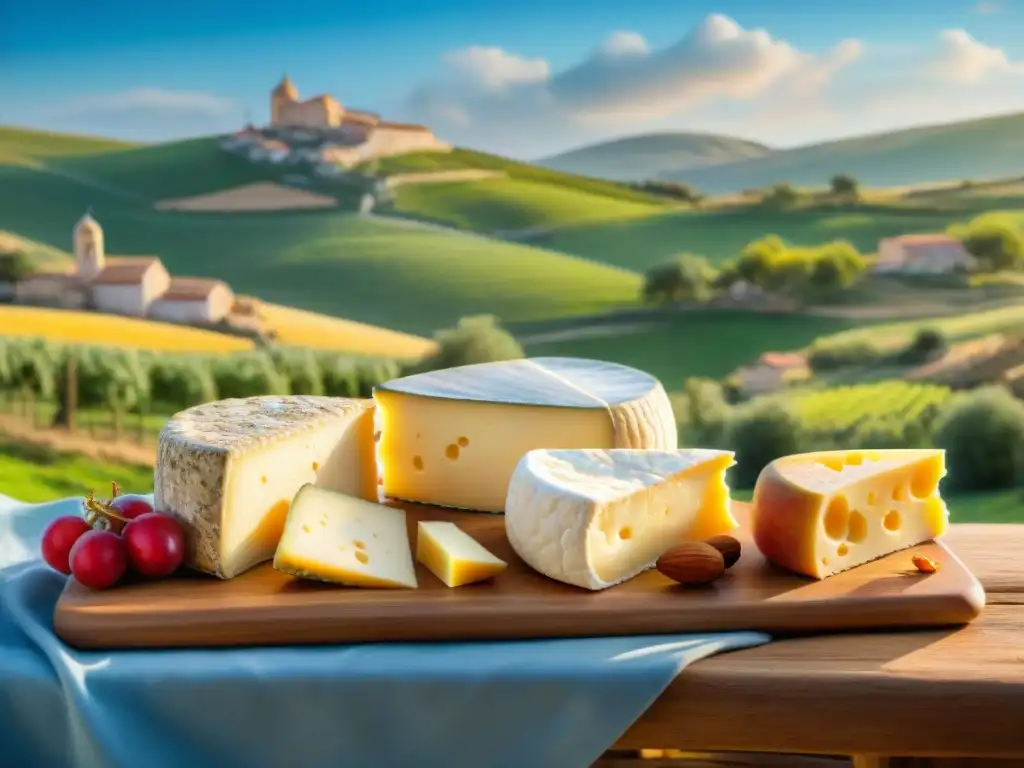 Delicias campestres: variedad de quesos artesanales en paisaje español Escena campestre española con variados quesos artesanales en tablas de madera, frutas frescas y nueces