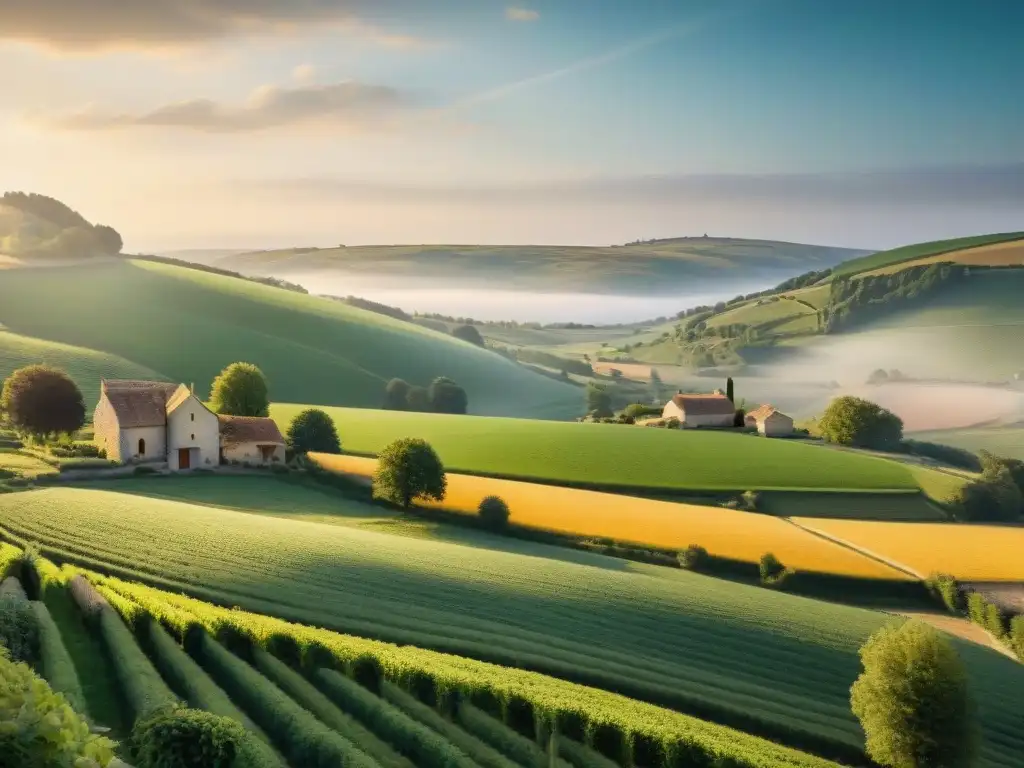 Escena campestre en Francia: atardecer dorado en la fromagerie Escena campestre en Francia, con vacas pastando y una fromagerie encantadora al atardecer