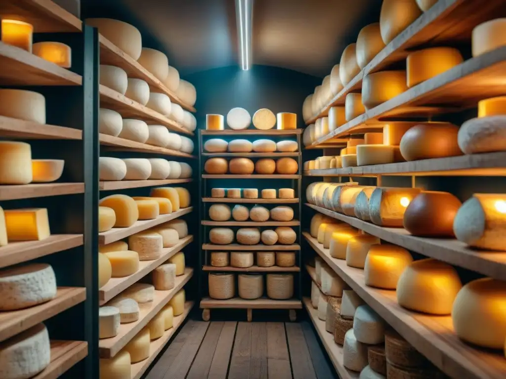 Escena cautivadora: bodega de quesos europea con ruedas de queso artesanal en distintas etapas de maduración