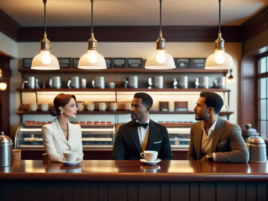 Escena de cine en un acogedor café vintage, con actores en profunda conversación sobre espresso