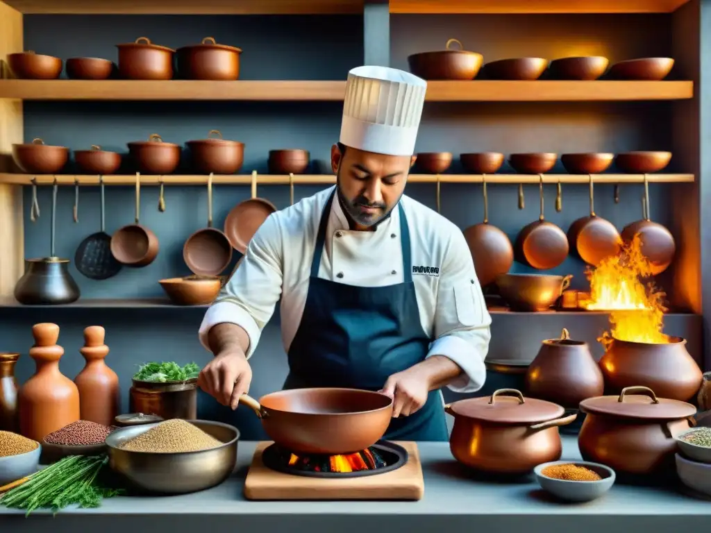 Escena de cocina histórica con utensilios antiguos y chef preparando receta tradicional sobre fogata