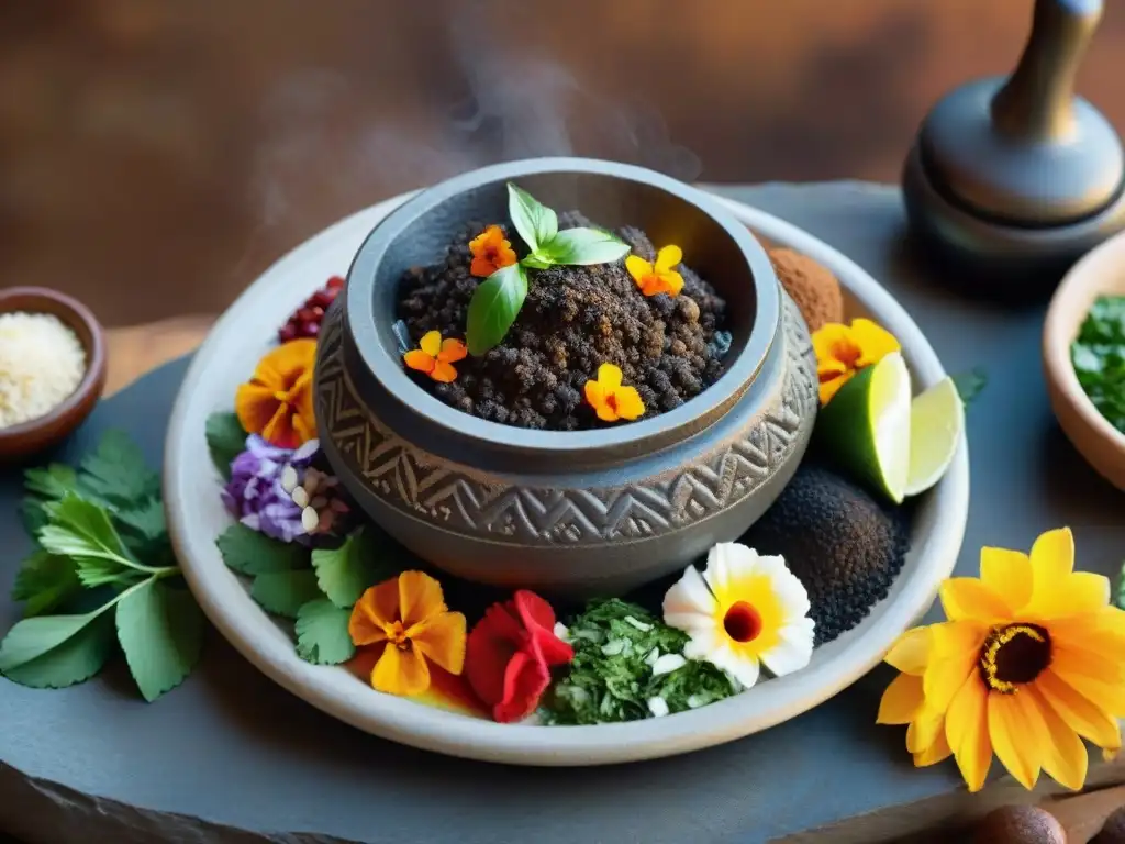 Una escena de cocina mexicana con moles fusión gourmet sorprendentes en un molcajete tradicional, adornados con hierbas frescas y flores comestibles