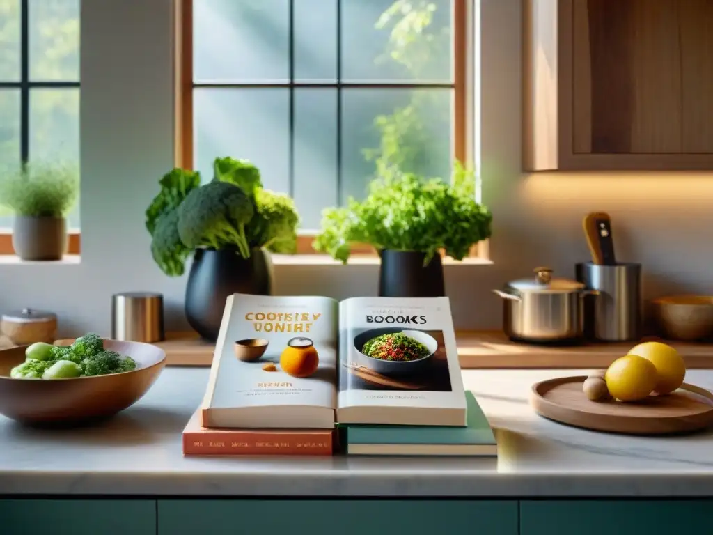 Escena de cocina moderna con libros de cocina de chefs renombrados en una encimera de mármol iluminada por el sol