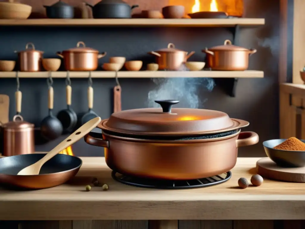 Escena de cocina rústica con utensilios de cocina al fuego lento tradicionales en una casa de campo acogedora