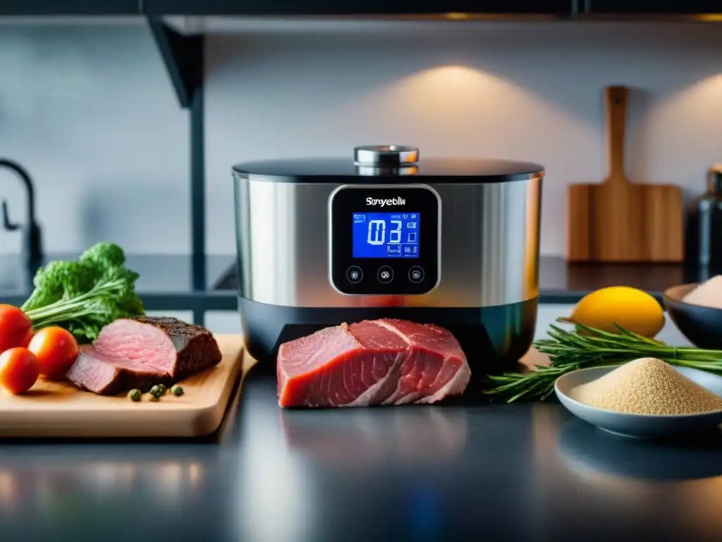 Escena de cocina al vacío Sous Vide con máquina moderna, accesorios y carne perfectamente cocida en un elegante entorno culinario