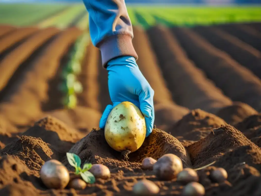 Una escena de cosecha de papas vibrante y detallada con agricultores diversos desenterrando papas, bajo un cielo azul brillante