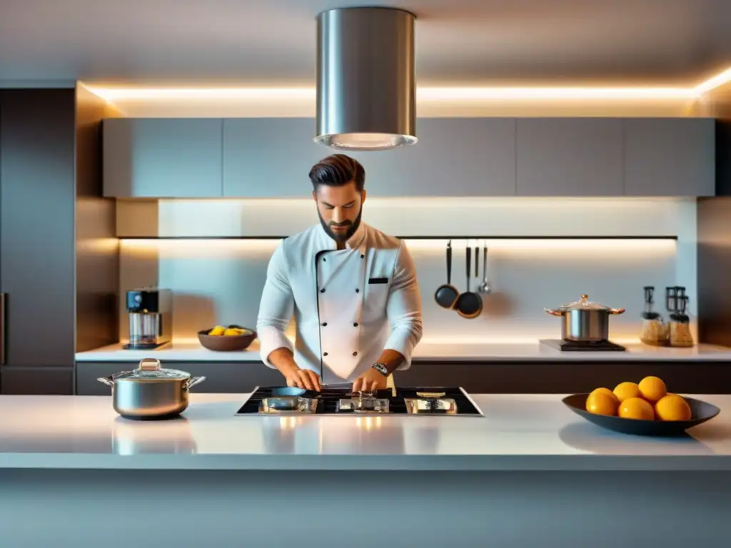 Escena culinaria de lujo con impacto electrodomésticos en gastronomía, chef profesional preparando plato gourmet en cocina de vanguardia