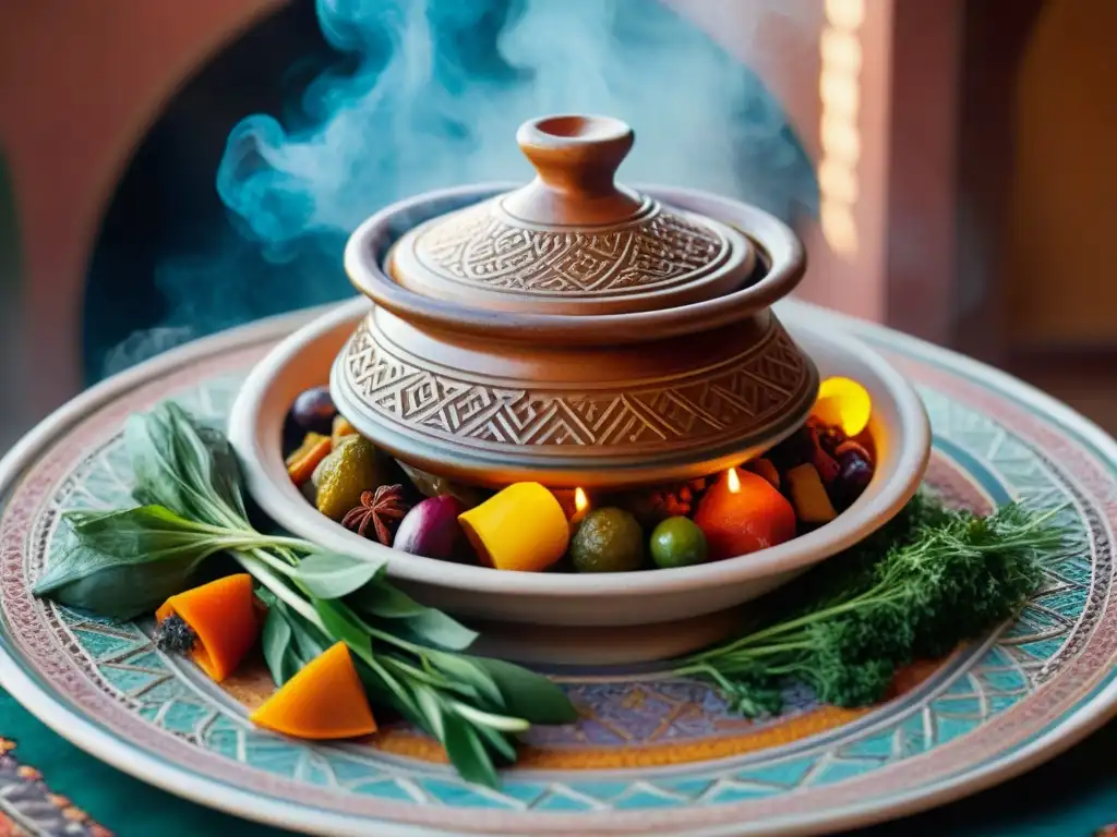 Una escena culinaria tradicional y acogedora con un tagine marroquí y sus ingredientes frescos, resaltando la historia y el sabor de esta delicia