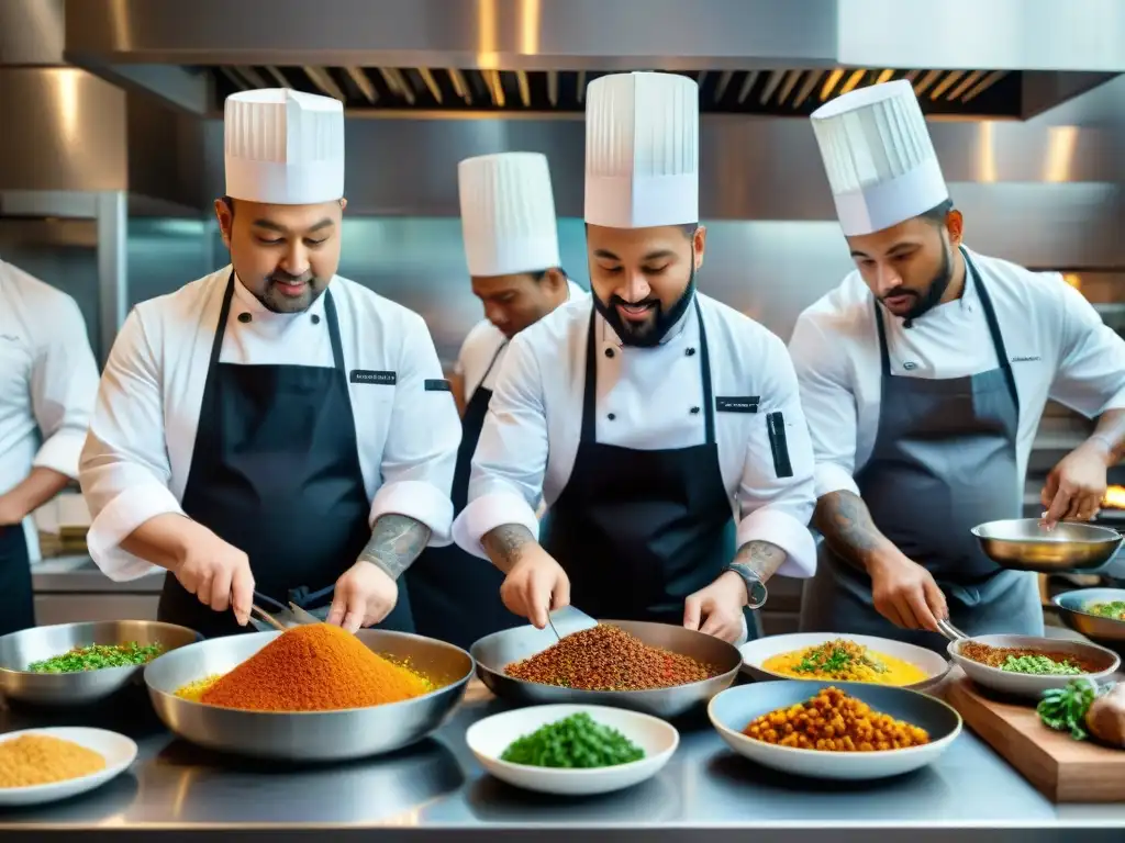 Una escena deliciosa de cocina étnica evolución gourmet, chefs expertos preparando platos exquisitos