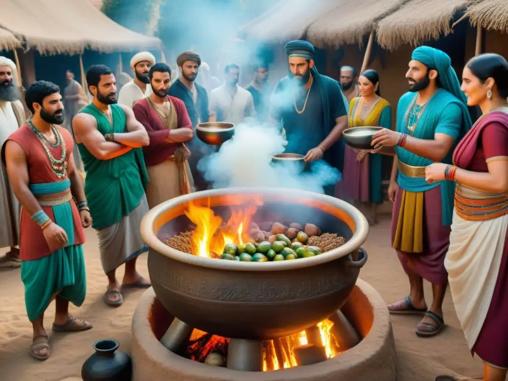 Una escena detallada de antiguas civilizaciones de Mesopotamia y Egipto elaborando cerveza con métodos tradicionales en un mercado vibrante