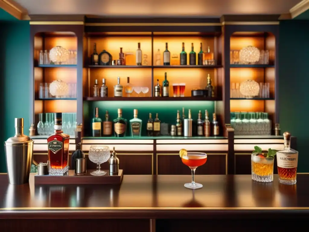 Escena detallada de un bar de cocteles vintage en los años 20, con decoración Art Decó y cocteles históricos, evocando sofisticación