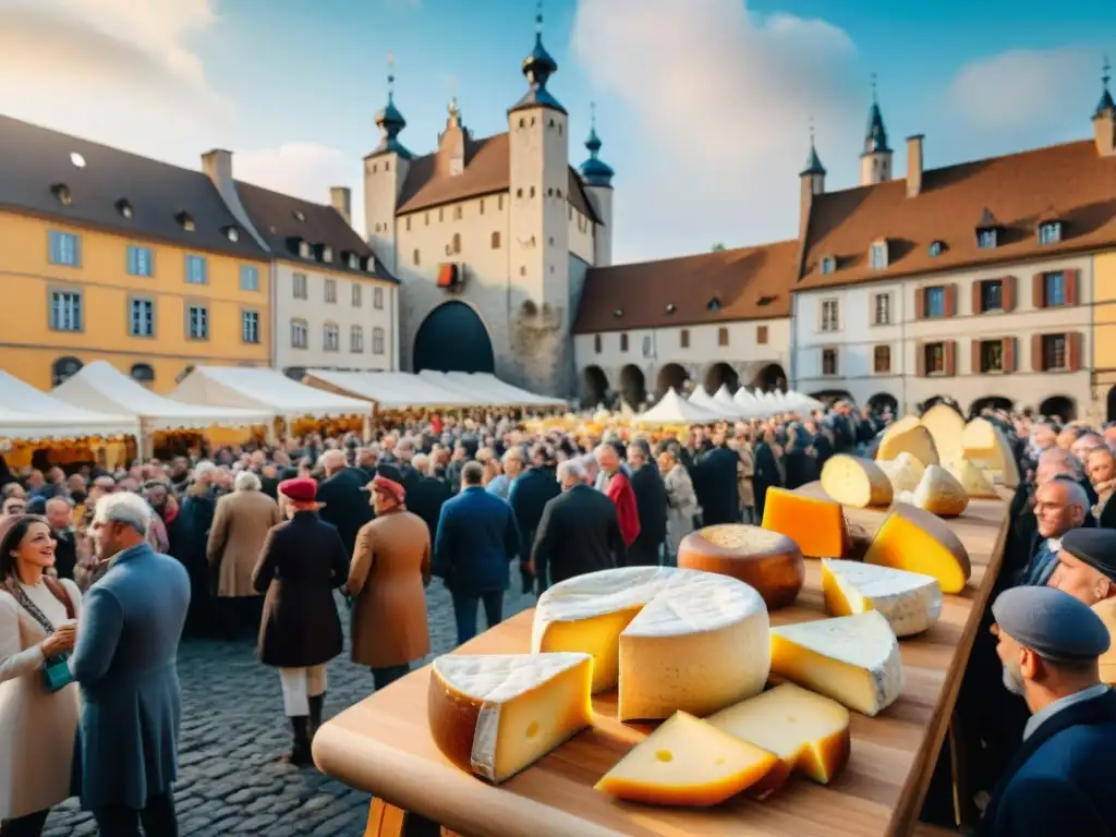 Una escena detallada de un bullicioso festival de quesos europeos con puestos coloridos y vendedores en trajes tradicionales