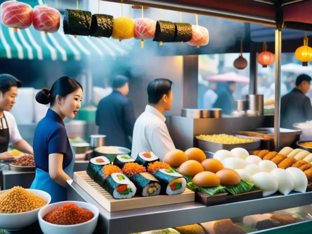 Escena detallada de un bullicioso mercado callejero de comida coreana, con vendedores y clientes emocionados, mostrando Kimbap coreano snack callejero