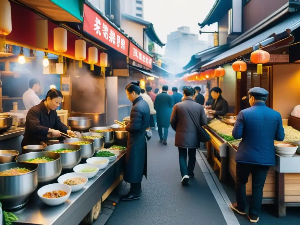 Una escena detallada de un bullicioso mercado callejero en Tokio, Japón, donde se vende ramen callejero gourmet