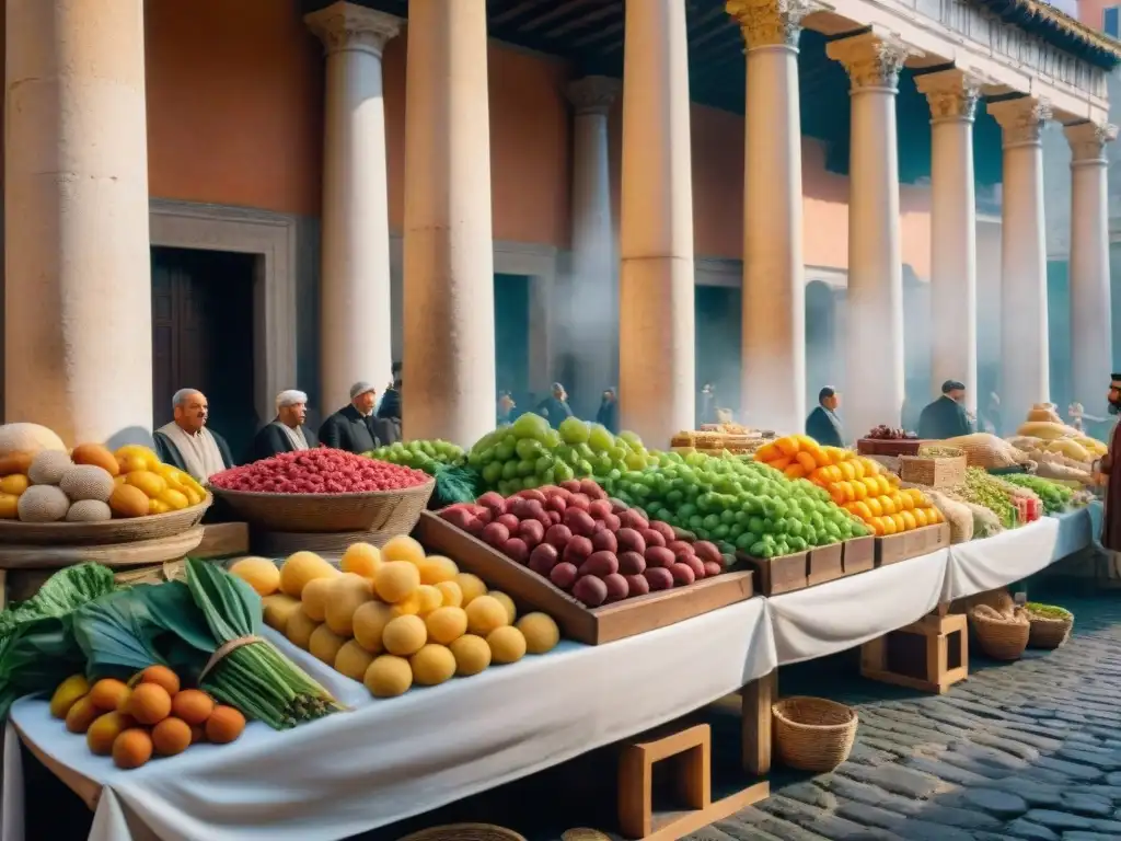 Una escena detallada de un bullicioso mercado romano con vendedores y alimentos variados, influencia cocina antigua Roma