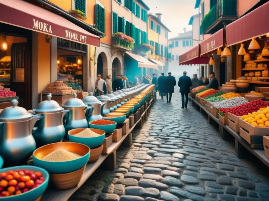 Escena detallada de un bullicioso mercado italiano con variedad de Moka Pots