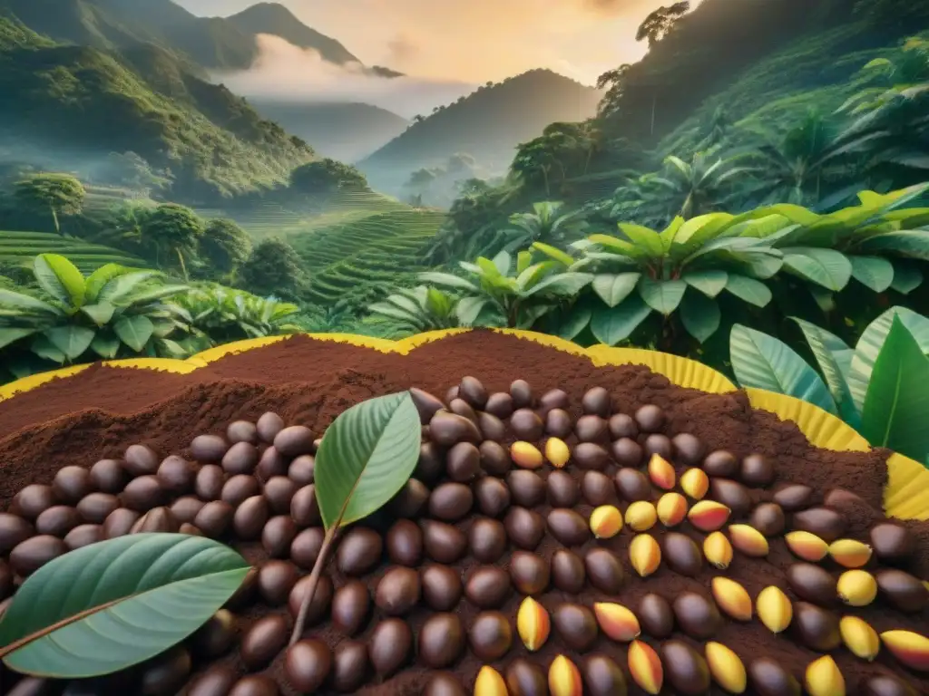 Escena detallada de una plantación de cacao, con árboles verdes cargados de vainas, abejas entre las flores y un suelo fértil