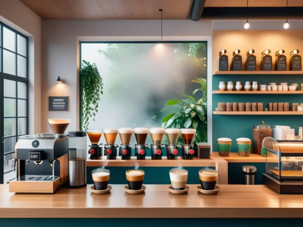 Escena detallada de una cafetería especializada llena de clientes disfrutando de café meticulosamente elaborado