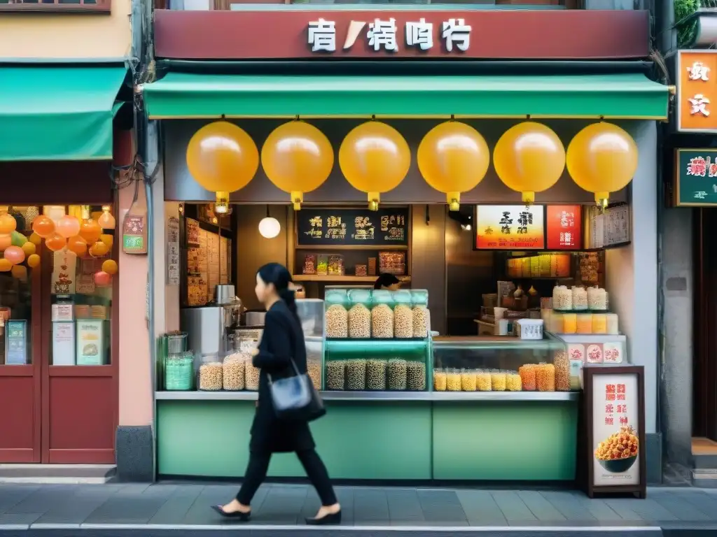 Escena detallada de calles bulliciosas en Taiwán con tiendas de Bubble Tea coloridas y gente disfrutando de variadas creaciones