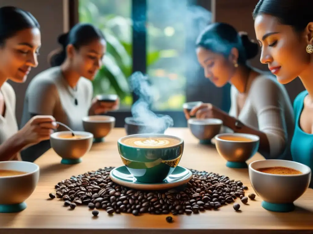 Una escena detallada de una ceremonia tradicional de cata de café en América Latina