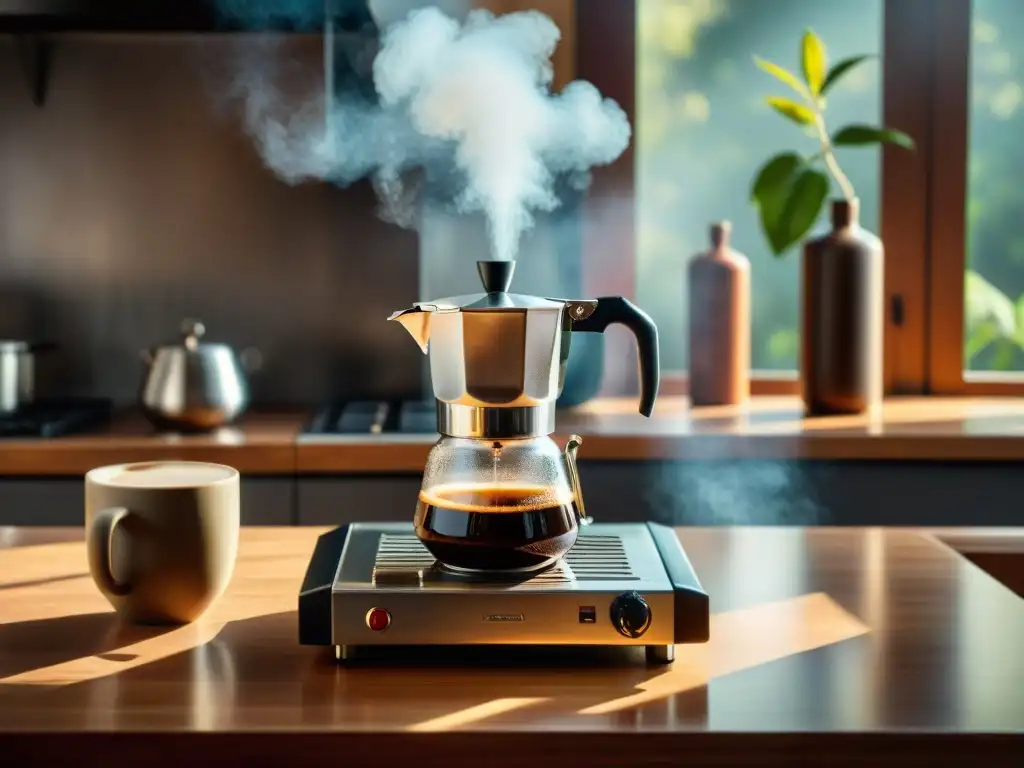 Escena detallada de una cocina italiana con Moka Pot en estufa a gas