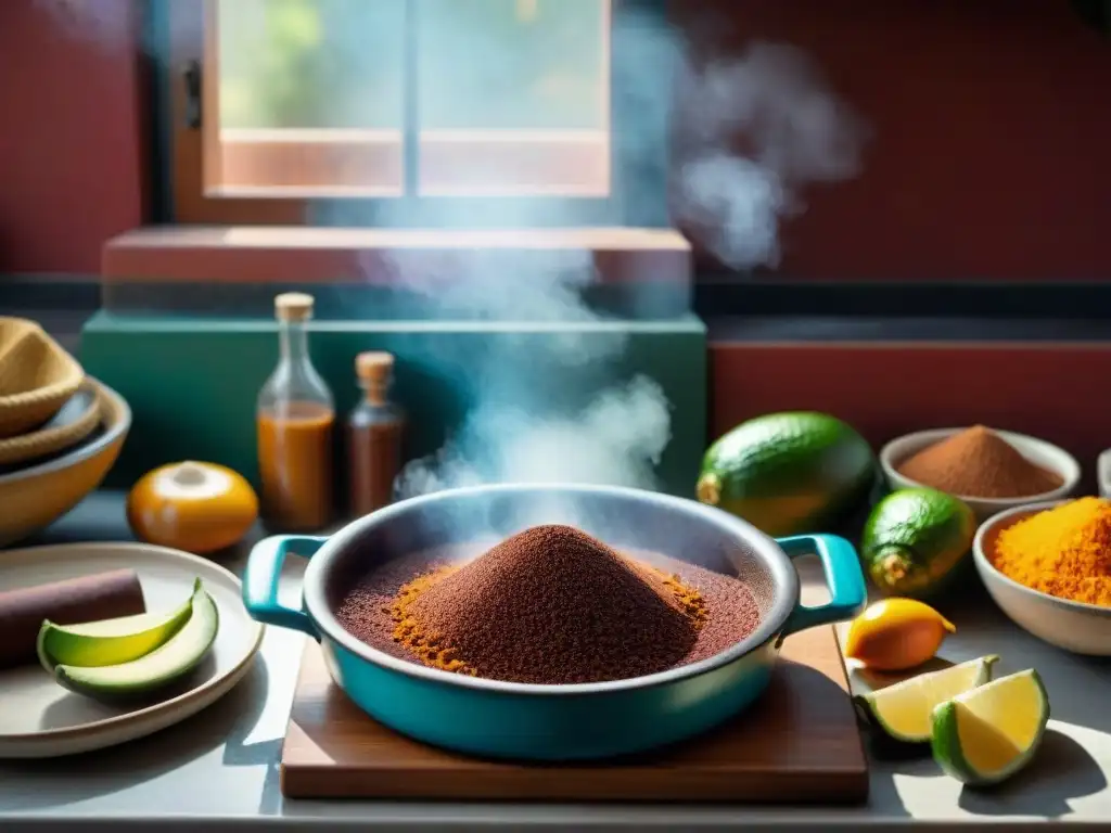 Escena detallada de una cocina mexicana tradicional con piloncillo, resaltando los Beneficios del piloncillo en cocina