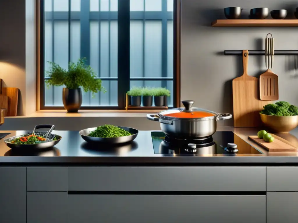 Cocina moderna: utensilios de vanguardia en un ambiente sofisticado Escena detallada de una cocina moderna con utensilios de vanguardia organizados en una encimera de acero inoxidable