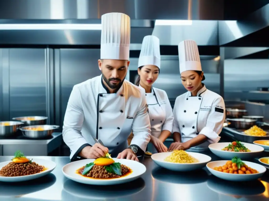 Una escena detallada de una cocina de restaurante moderno y lujoso, donde chefs reinventan clásicos culinarios gourmet