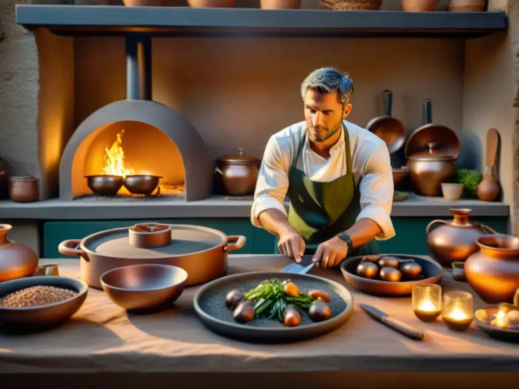 Una escena detallada de una cocina romana antigua con utensilios de cocina de grandes civilizaciones