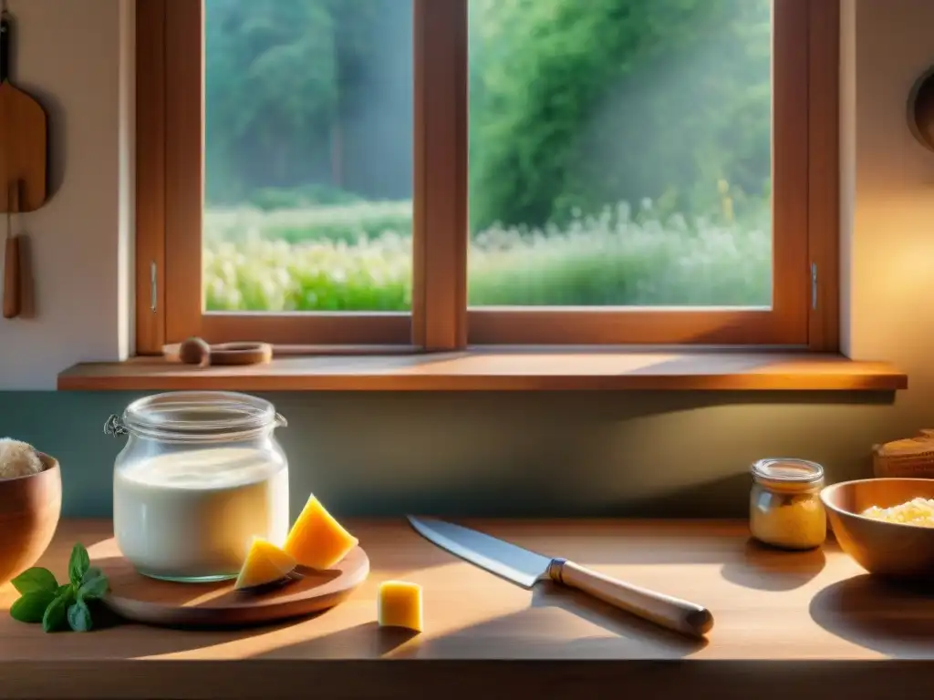 Escena detallada de una cocina rústica con equipos para elaborar quesos artesanales en un cálido resplandor de luz solar