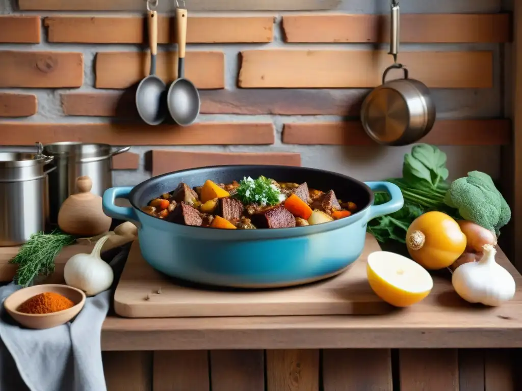 Escena detallada de una cocina rústica con utensilios de cocina tradicionales para fuego lento