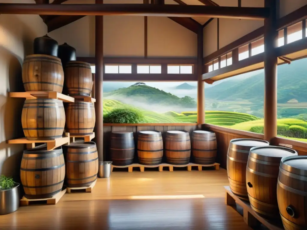 Escena detallada de una destilería tradicional japonesa de sake bebida japonesa paladares, con barriles de madera apilados y montañas verdes al fondo